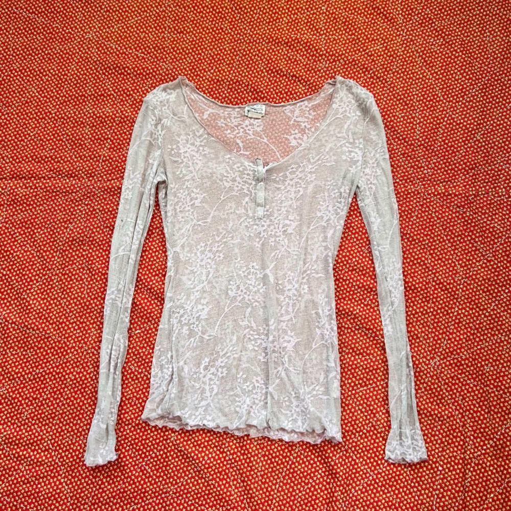 Intimately Free People Sheer Floral Lace Henley Top Grey Medium Vintage Style